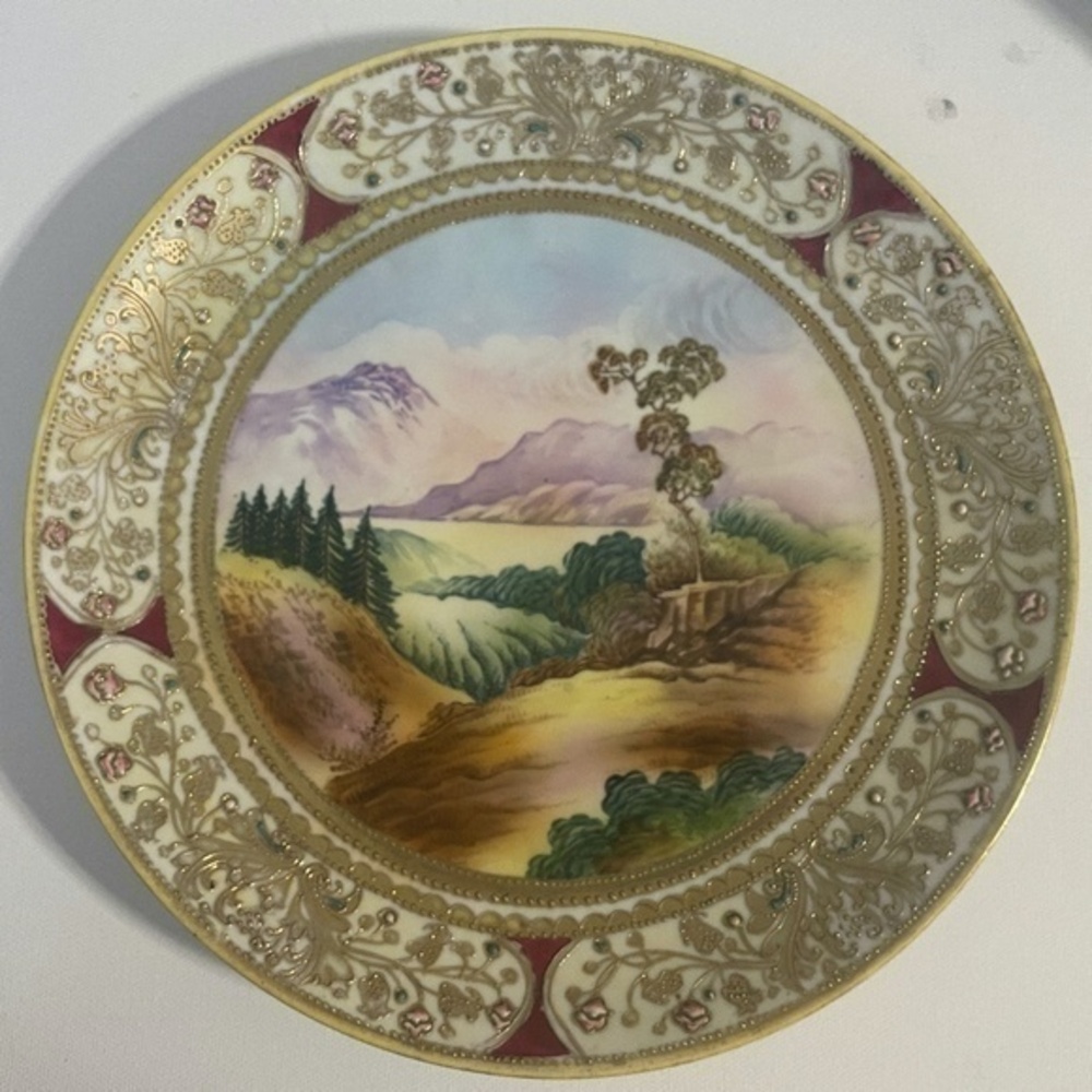 Antique Nippon Hand Painted Mountain Scene Heavy Gold Embossed Trim 11"